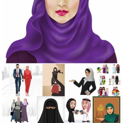 Collection Muslim Girl Woman Veil Cartoon vector