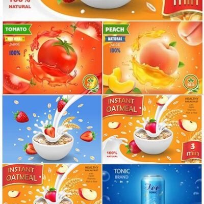 Oat Grains Flakes And Milk Splashes Ice Cream Vintage Poster Realistic Vector Package Design