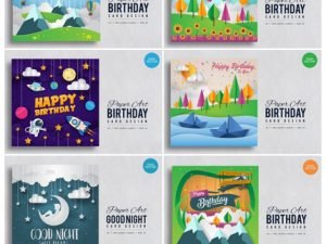 paper art good night happy birthday and back to school vector cards