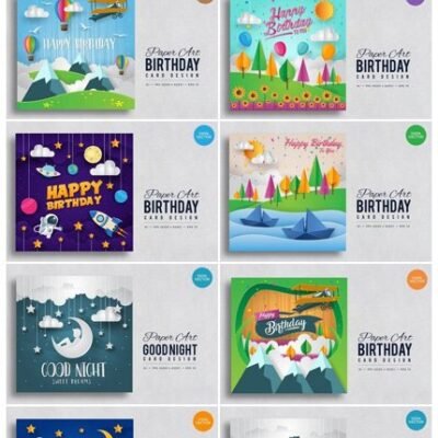paper art good night happy birthday and back to school vector cards