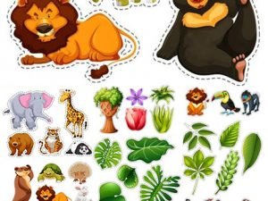 Stickers Cartoon Animals And Plants Vector