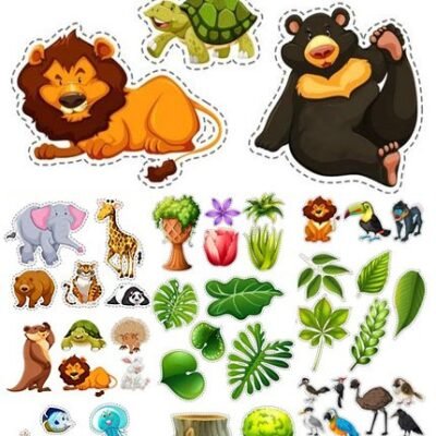 Stickers Cartoon Animals And Plants Vector
