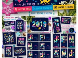 CreativeMarket 2019 New Year Christmas Blue Bundle