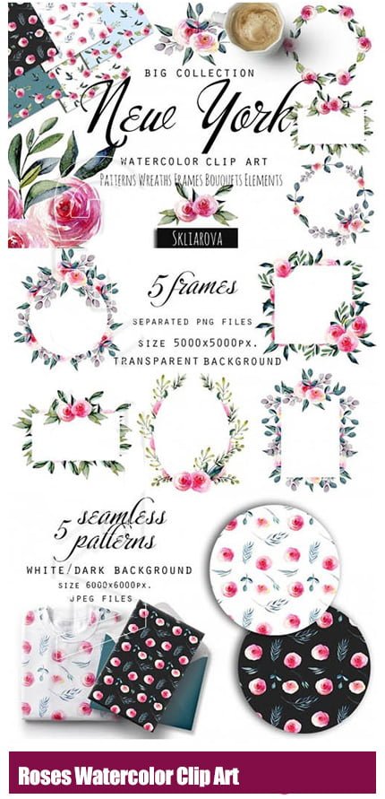 New York Roses Watercolor Clip Art Collection