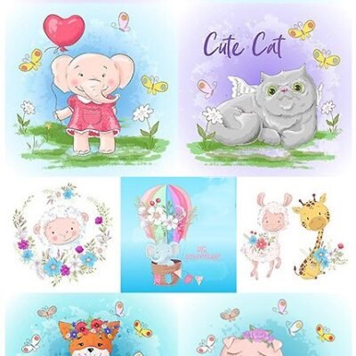 Amusing Cartoon Animals With Balloons And Flowers