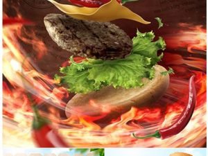 Burger Ads With Burning Fire And Set Menu In 3D Illustration