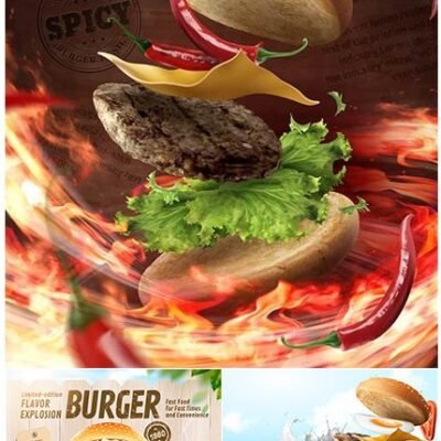 Burger Ads With Burning Fire And Set Menu In 3D Illustration
