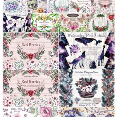 CreativeMarket Flowers And Space Watercolor Bundle