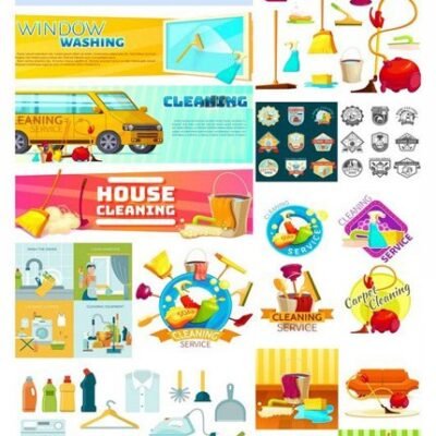 Badge Set With Cleaning Service And Descriptions