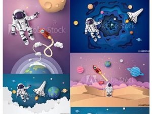 Set Of Astronaut Floating In The Stratosphere And On The Moon