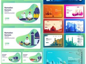 Happy Eid Mubarak And Ramadan Kareem Banner And Landing Page Vector Set