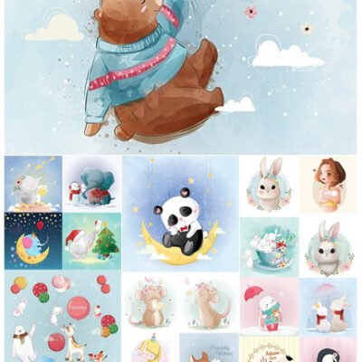 Set Of Hand Draw Watercolor Adorable Animals Illustrations 02