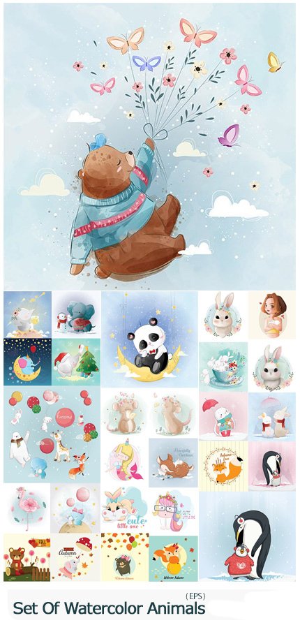 set.of.hand.draw.watercolor.adorable.animals.illustrations.02 Set Of Hand Draw Watercolor Adorable Animals Illustrations 02