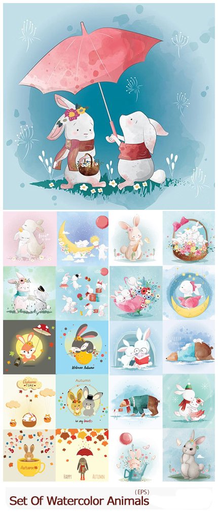 set.of.hand.draw.watercolor.adorable.animals.illustrations Set Of Hand Draw Watercolor Adorable Animals Illustrations