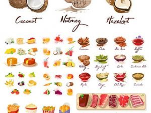 Vector Set Of Nuts Food Seasonings Smoothies Vegetables And Fruits