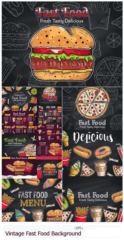 vintage.fast.food.background.hand.drawn.illustrations Vintage Fast Food Background Hand Drawn Illustrations
